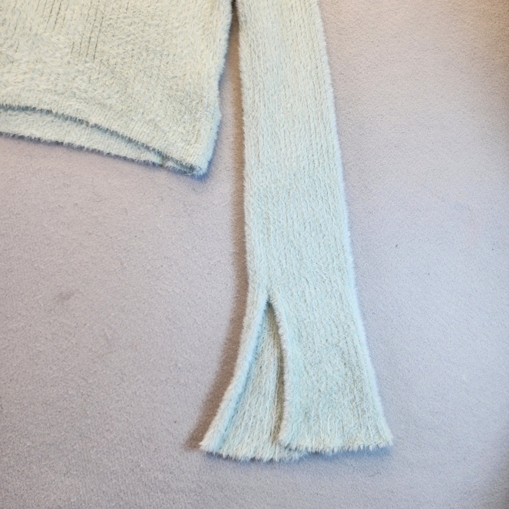 H&M Divided Fuzzy Eyelash Knit Cropped Sweater Mint Green Split Flare Cuff XL - Picture 5 of 12